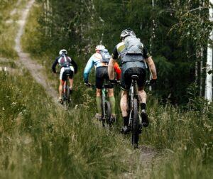 Mountain bikers ride together on a tour on a narrow forest path